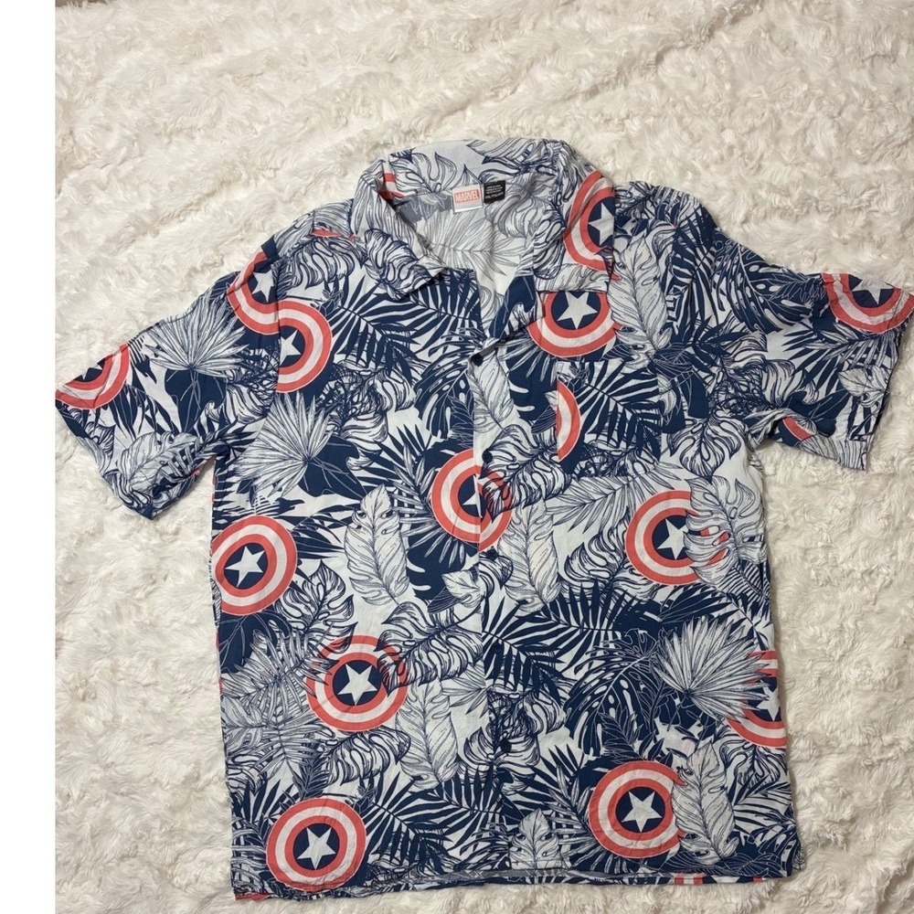 Marvel Captain America Shield Hawaiian Button Down Shirt Blue Cream XXL